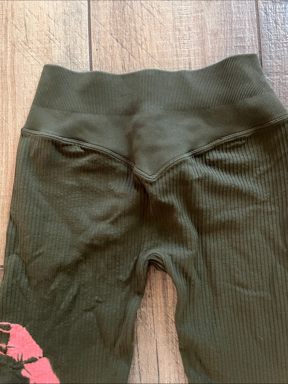Bombshell Sportswear Olive Ribbed Leggings with Coral Tie-Dye Panels - Picture 6 of 6